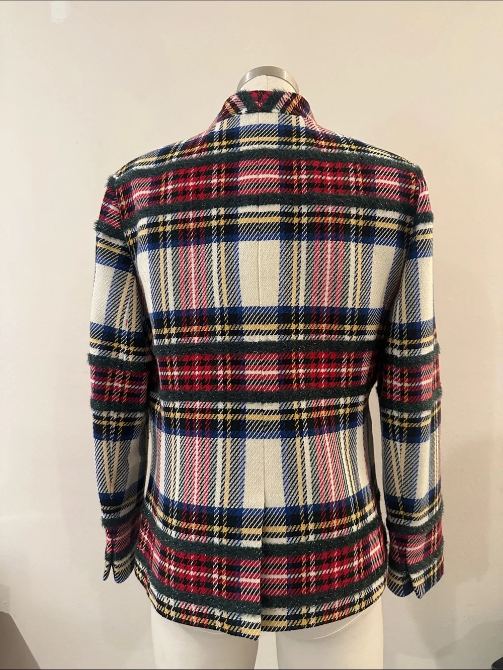 J. Crew Cream Plaid Open-Front Blazer with Red & Blue Accents